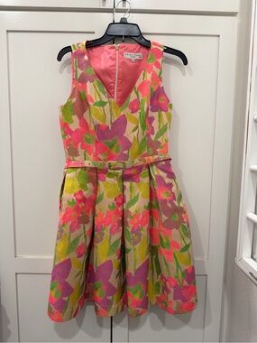 Trina Turk Martha Sleeveless Jacquard Floral Fit Flare Neon Dress women’s size 8